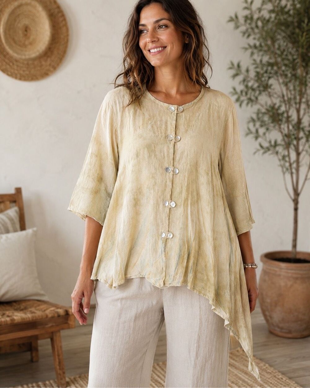 Oh My Gauze Size 1 (US S/M)100% Cotton Crinkle Button Front Asymmetrical Tunic #